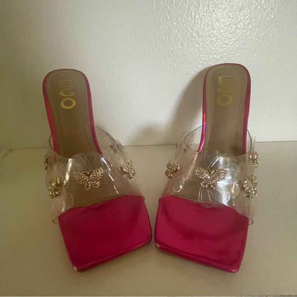 LuxeModa Fuchsia Diamond Butterfly Square Peep Toe Heel Clear Pump Mule size 4 - Picture 2 of 6